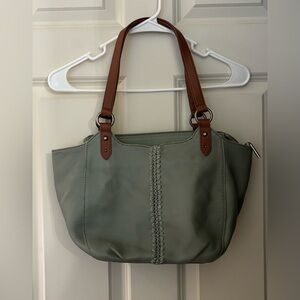 The Sak Bolinas Satchel Handbag, Sage Green Leather/Brown Leather Handles
